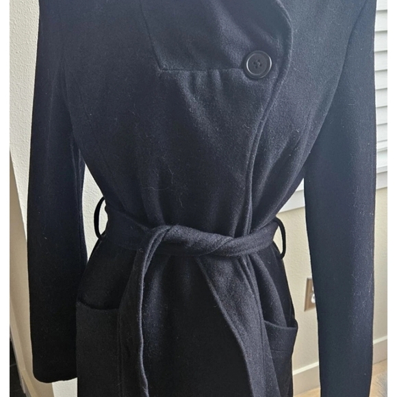 Merona Women's Black Wool Blend Belted Coat Wool Trench Coat Jacket M Versatile - Picture 10 of 10